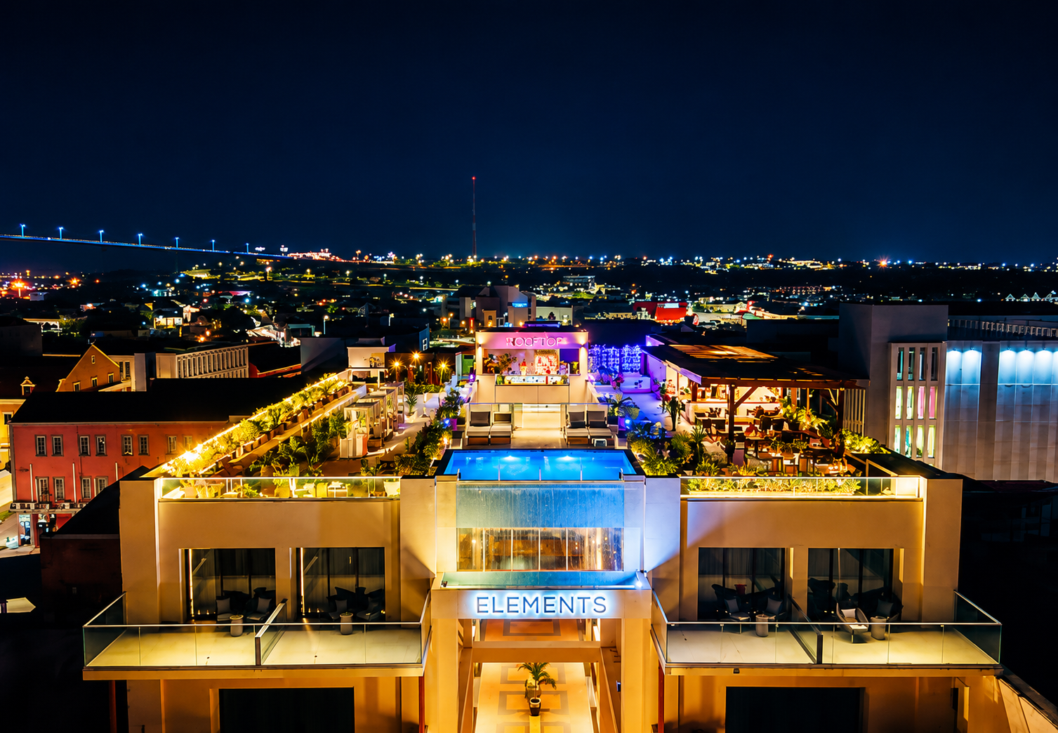 Cascada rooftop bar and grill with Curaçao skyline